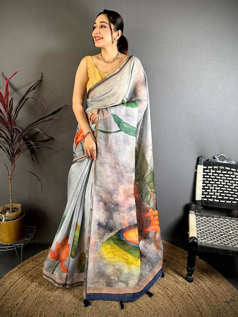 Grey Pen Kalamkari Linen Saree