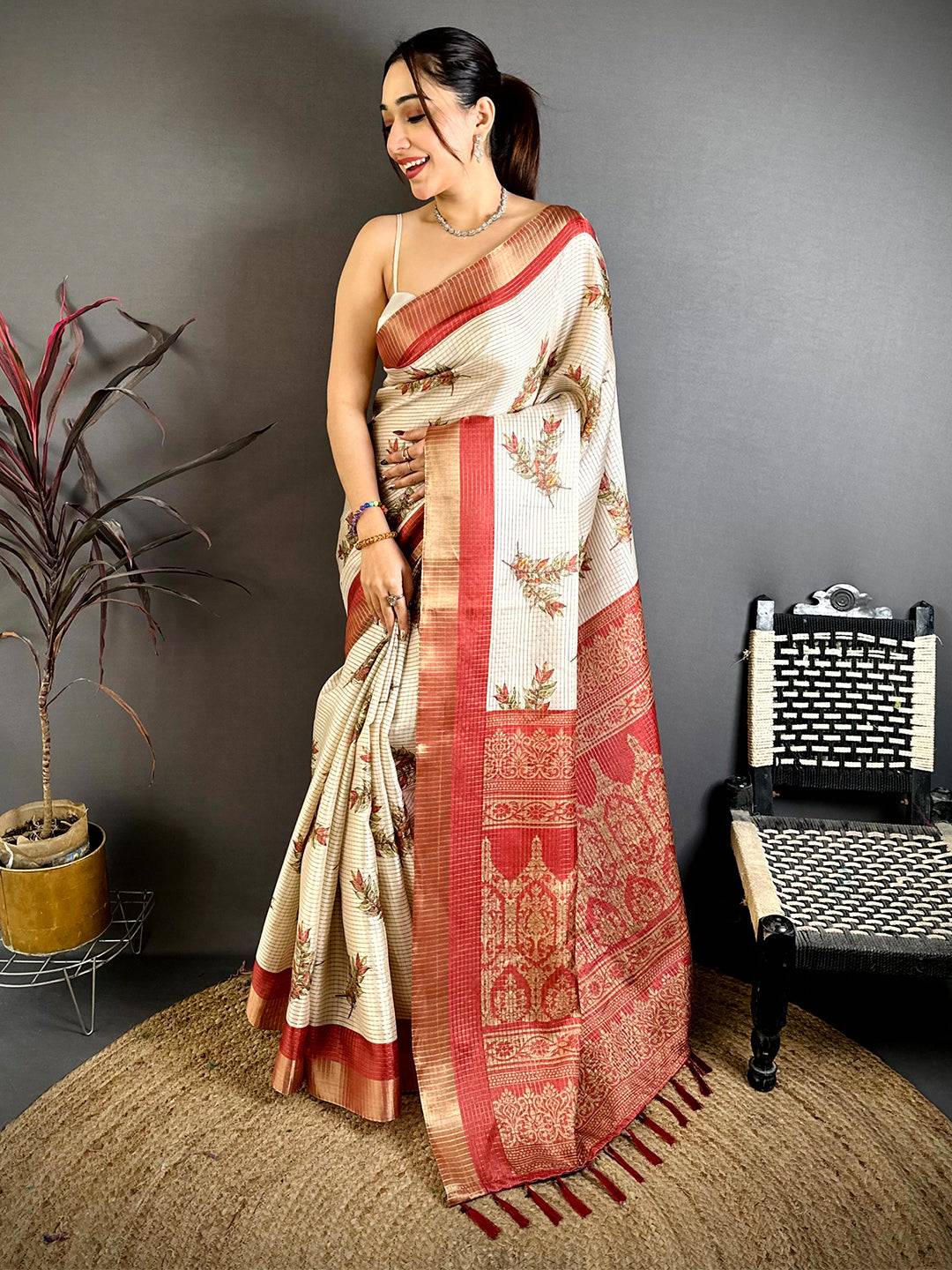 Red Leaf Minakari Tussar Saree