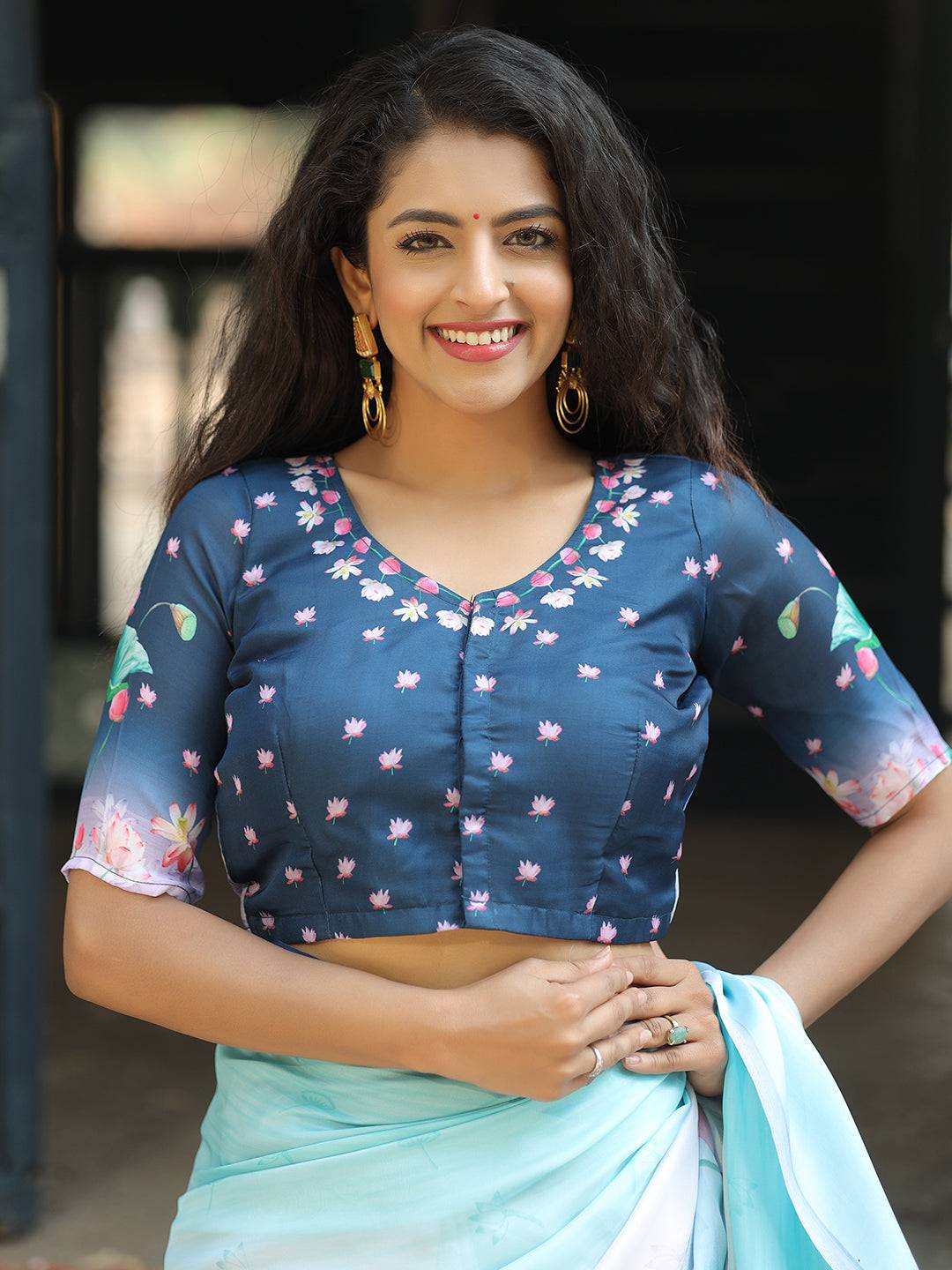 Beautiful Satin Georgette Aqua Colour Hand Print Saree