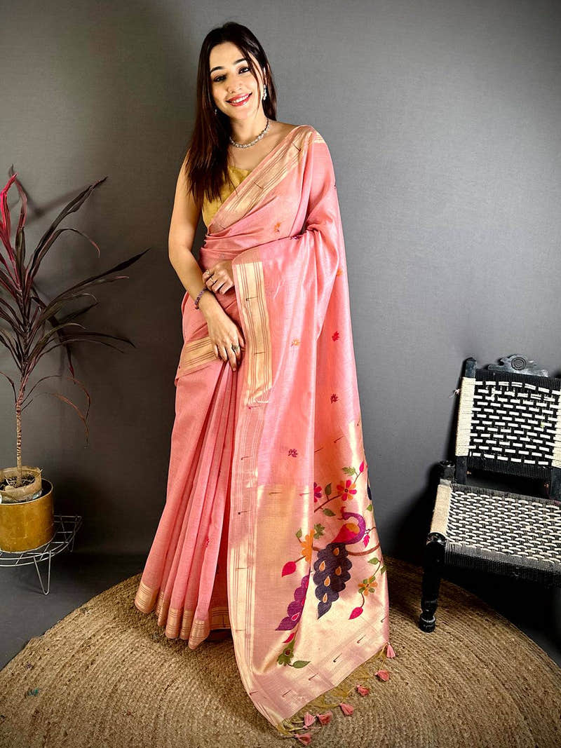 Pink Munia Minakari Khadi Saree