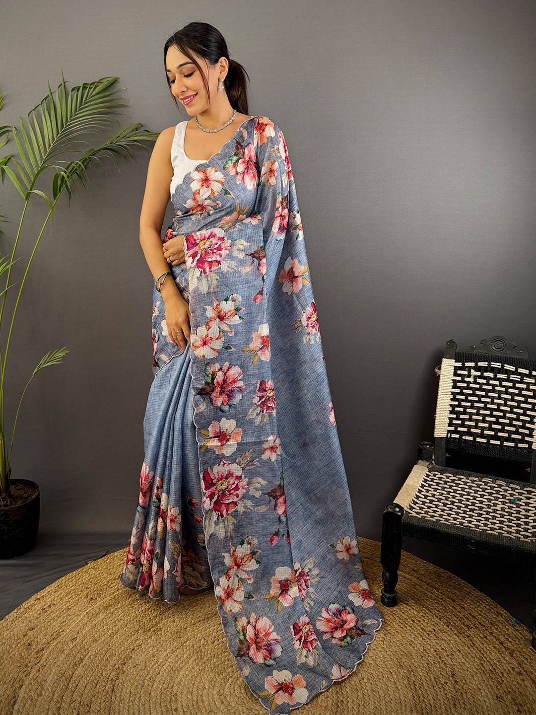 Dusty Blue Kota Floral Digital Cut Work Saree