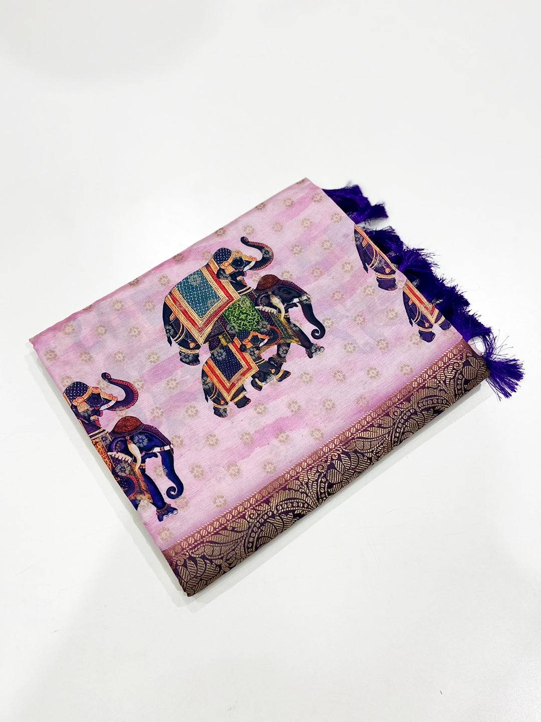 Pink Digital Elephant Motifs Banarasi Saree