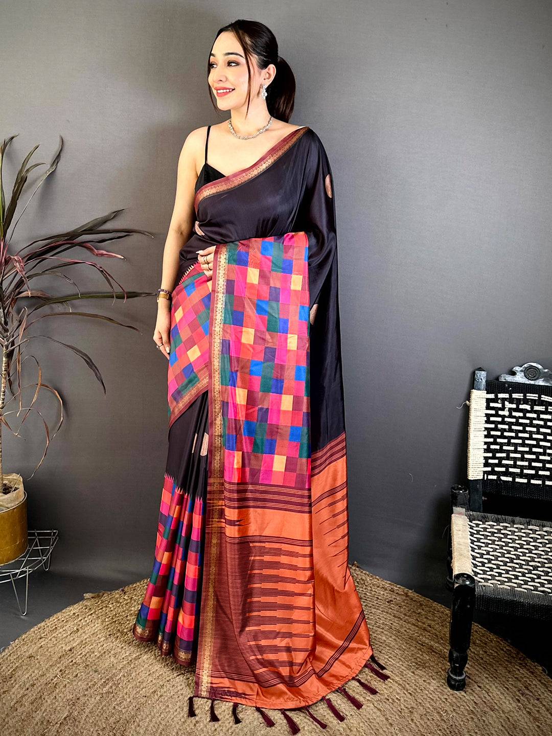 Classic Multi Colour Box Panel Soft Silk Saree