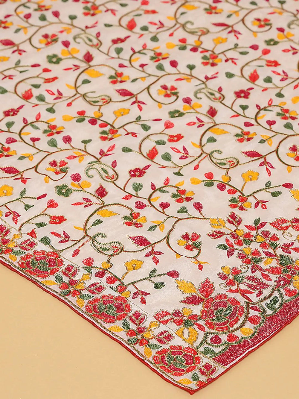 Close-up of intricate threadwork on White Poly Chiffon Dupatta