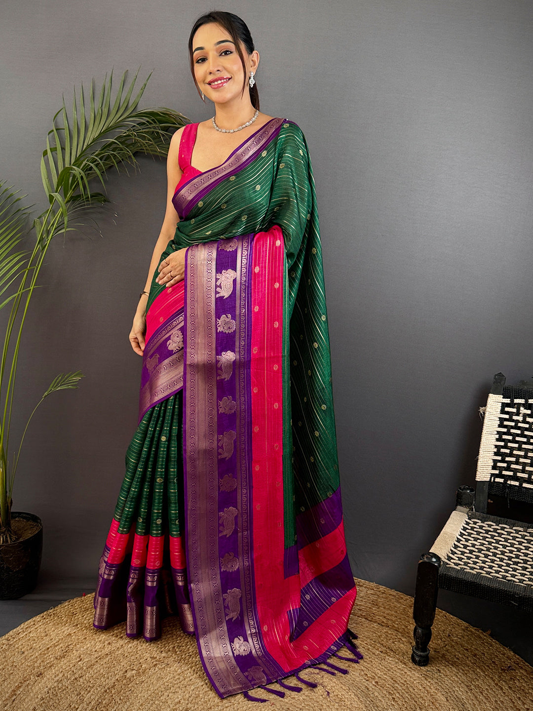 Green Soft Dola Silk Striped Print Saree