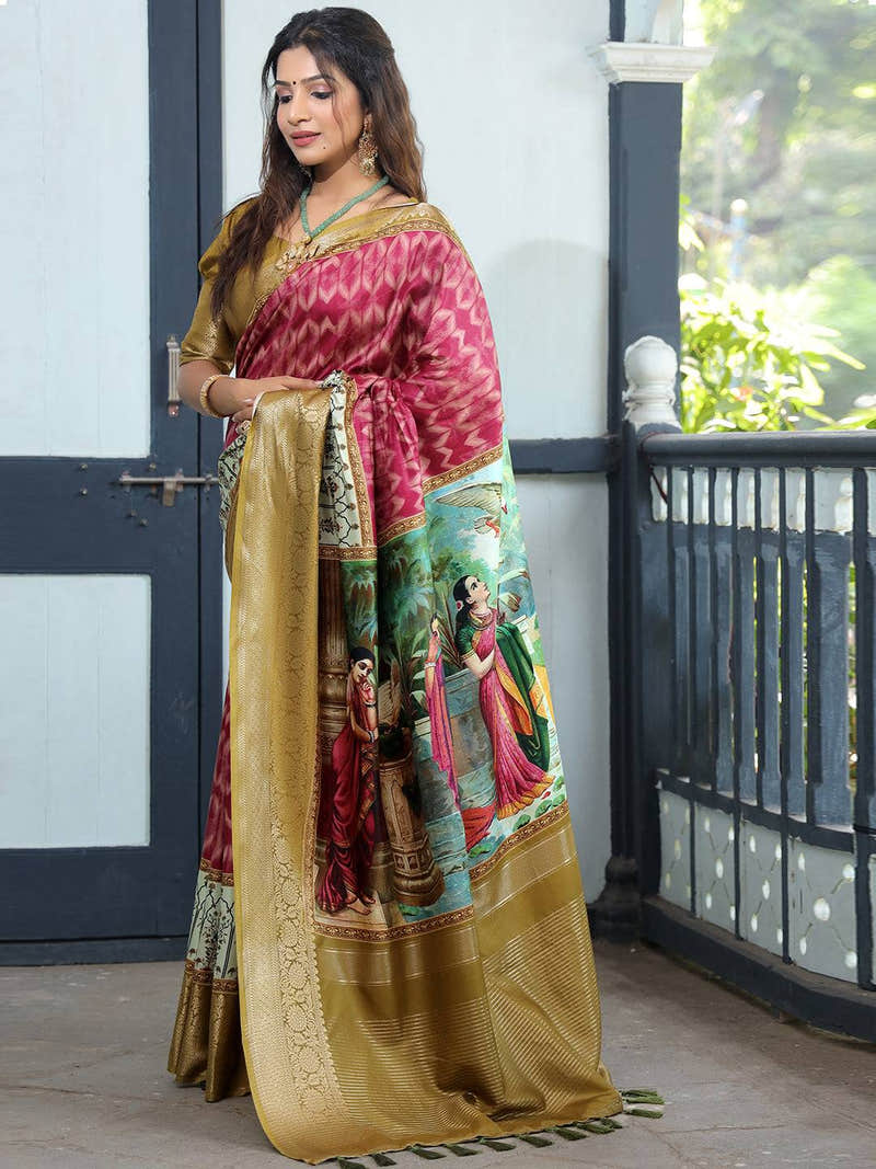 Magenta Viscose Dola Silk Saree With Kalamkari And Mughal Print - Luxe