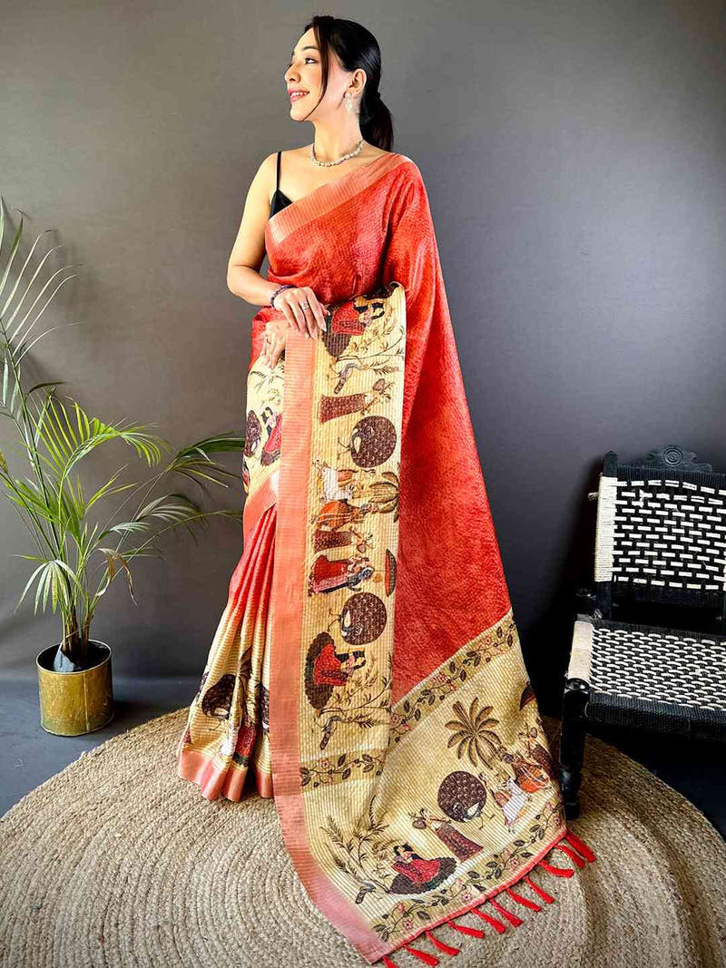 Red Kalamkari Pichwai Black Check Saree