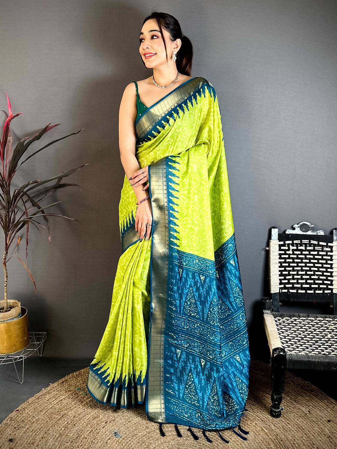 Lime Green Pearl Ikkat Dola Silk Saree