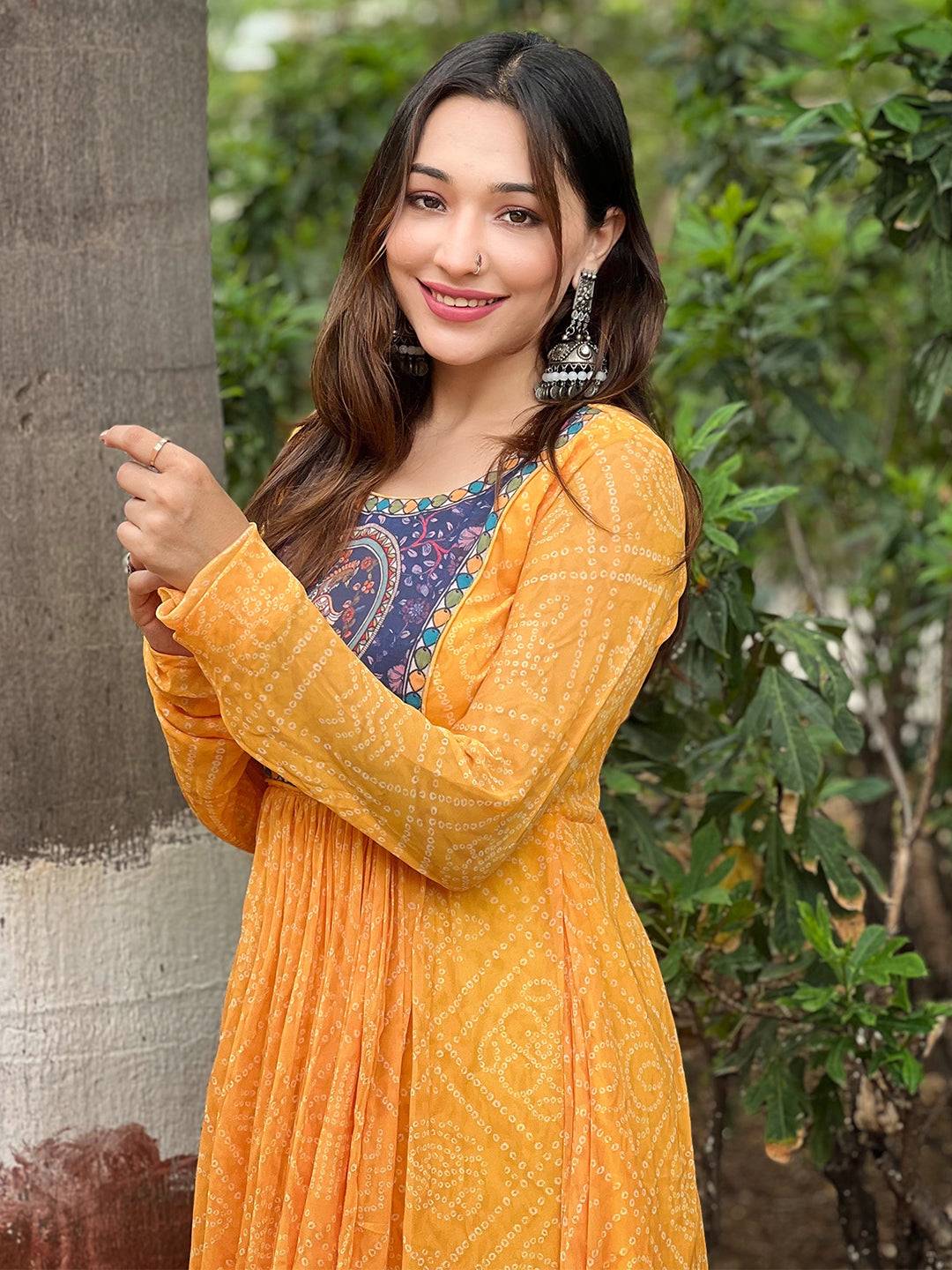 Stylish Honey Gold Bandhej Dress with Pen Kalamkari