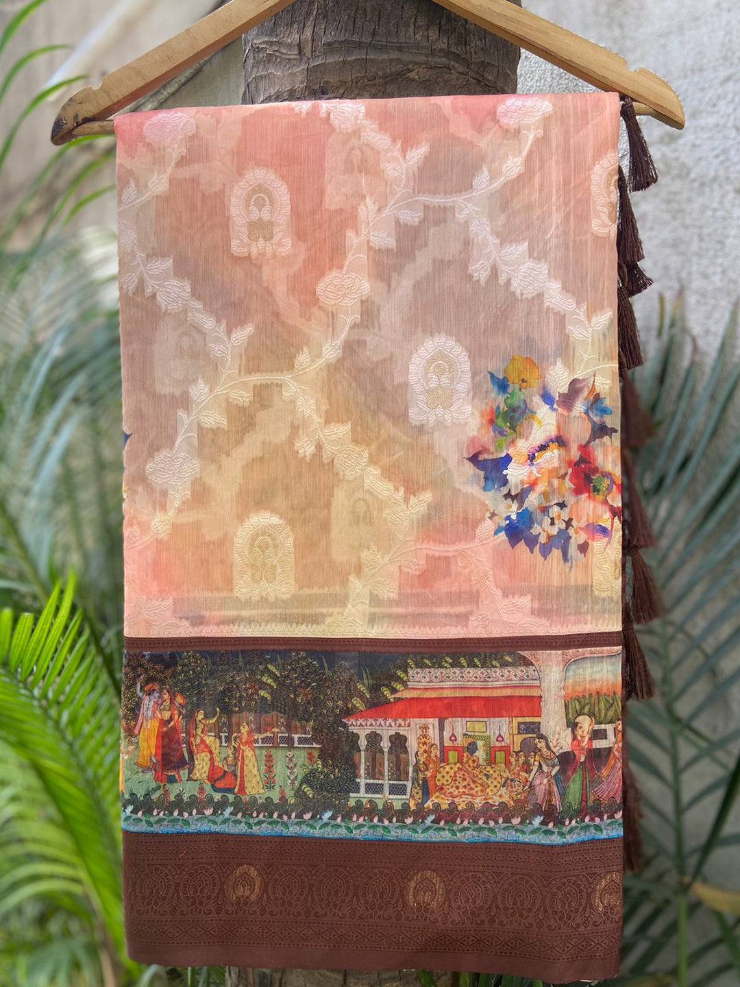 Brown Lakhani Kalamkari Print Saree with Rich Pallu