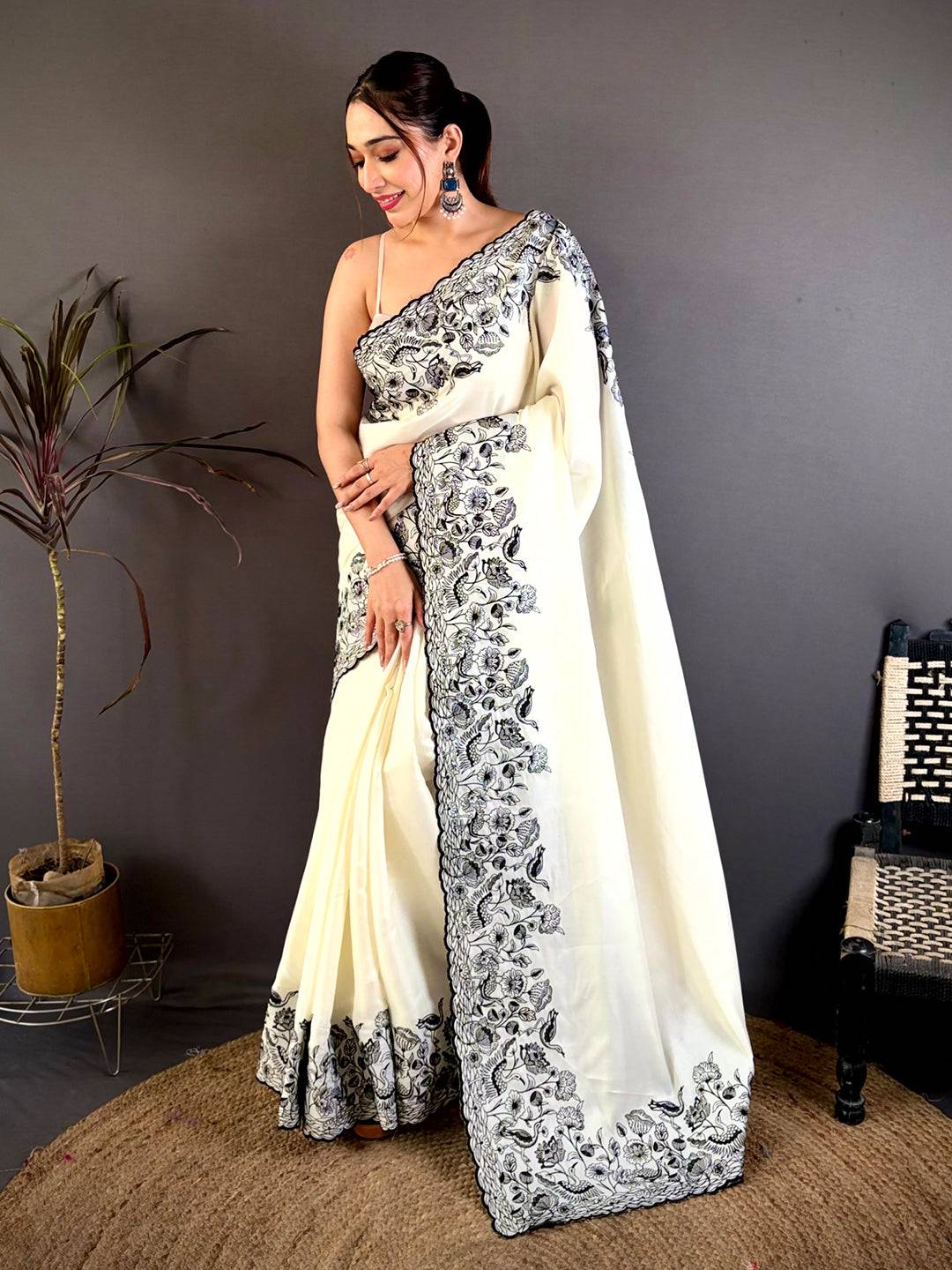 Elegant Half White Embroidered Border Saree