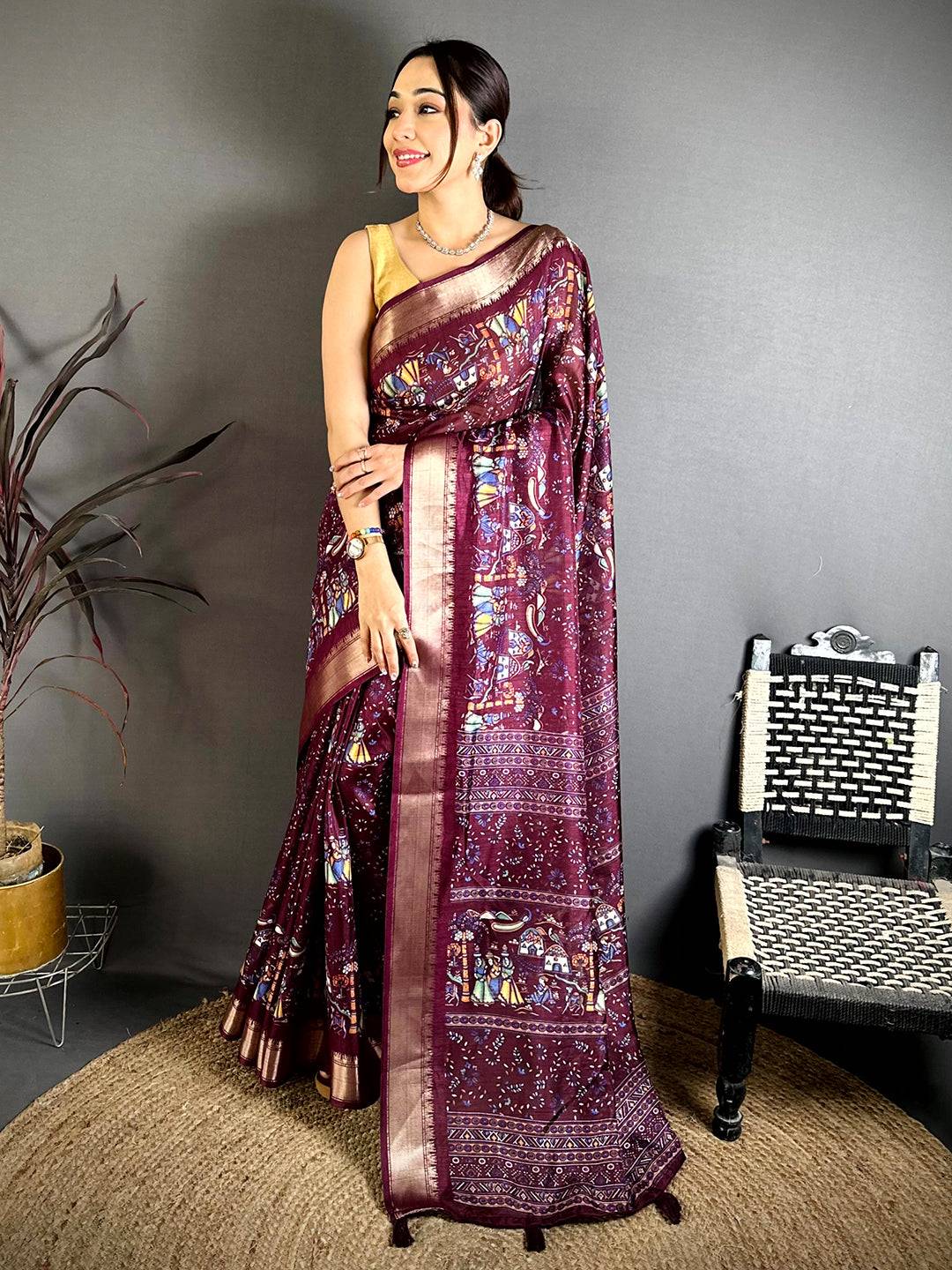 Brown Pen Kalamkari Soft Dola Zari Saree