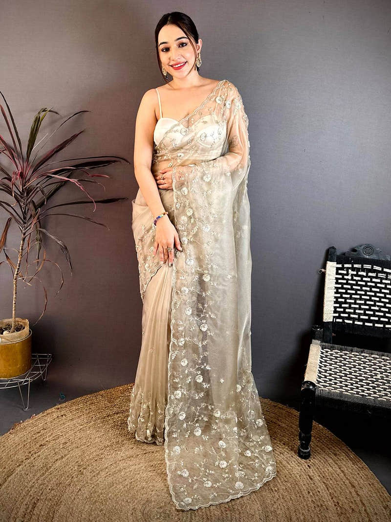 Off White Pearl Sequin Embroidered Organza Saree