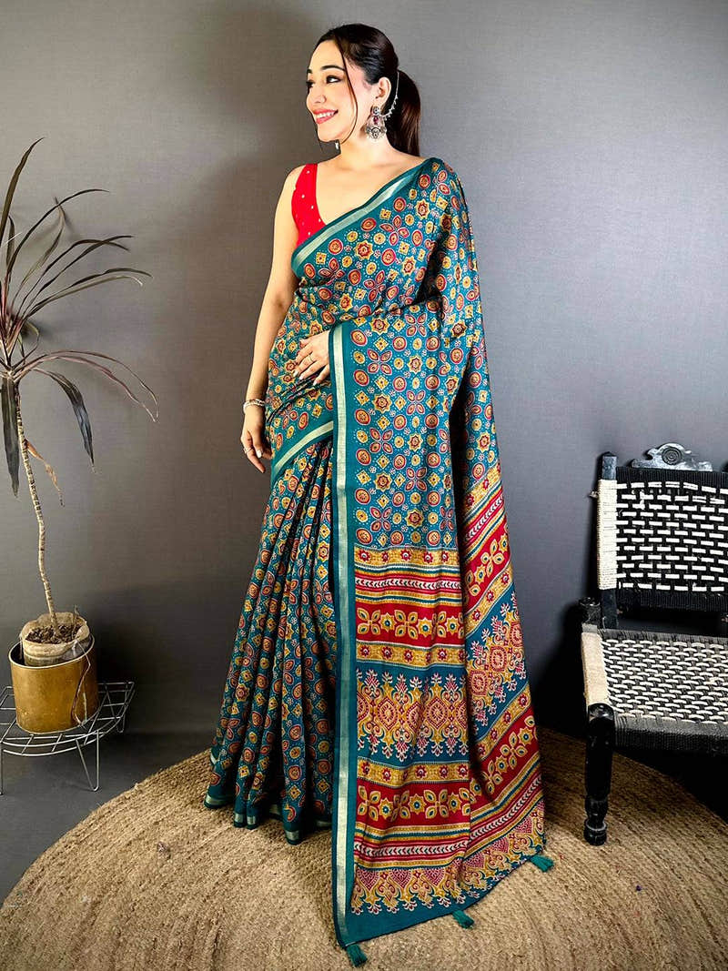 Teal Mul Cotton Ajrak Vintage Print Saree