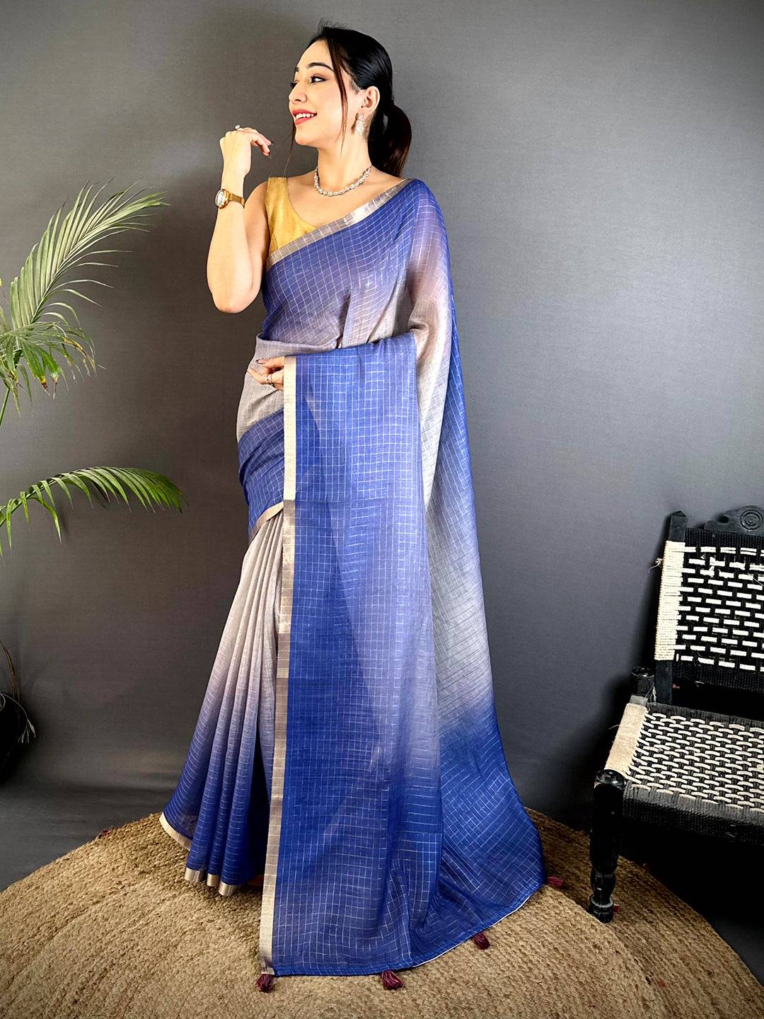 Opulent Self Chex Linen Zari Saree