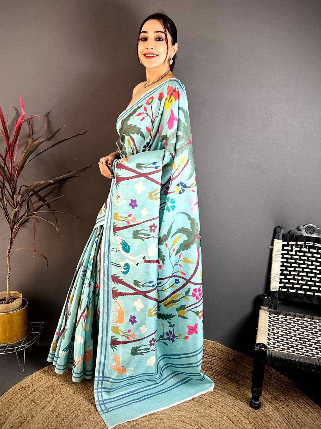 Royal Aqua Blue Ikkat Soft Tussar Saree