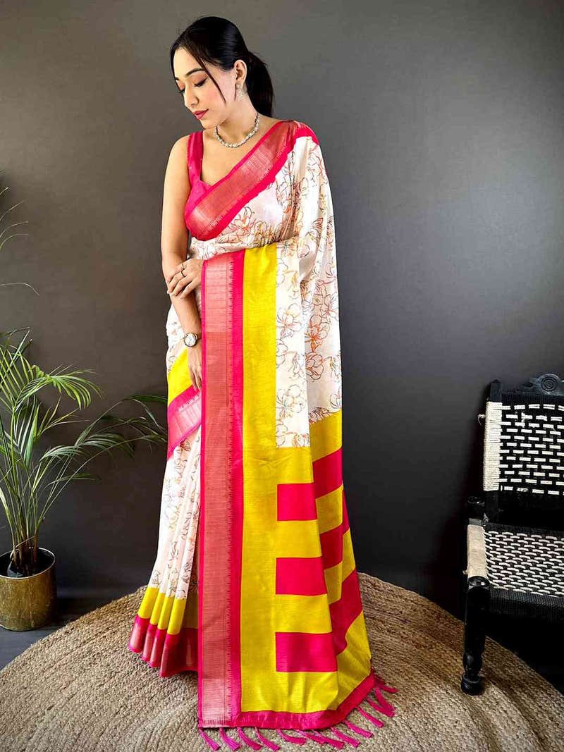 White Dola Silk Bird Print Saree