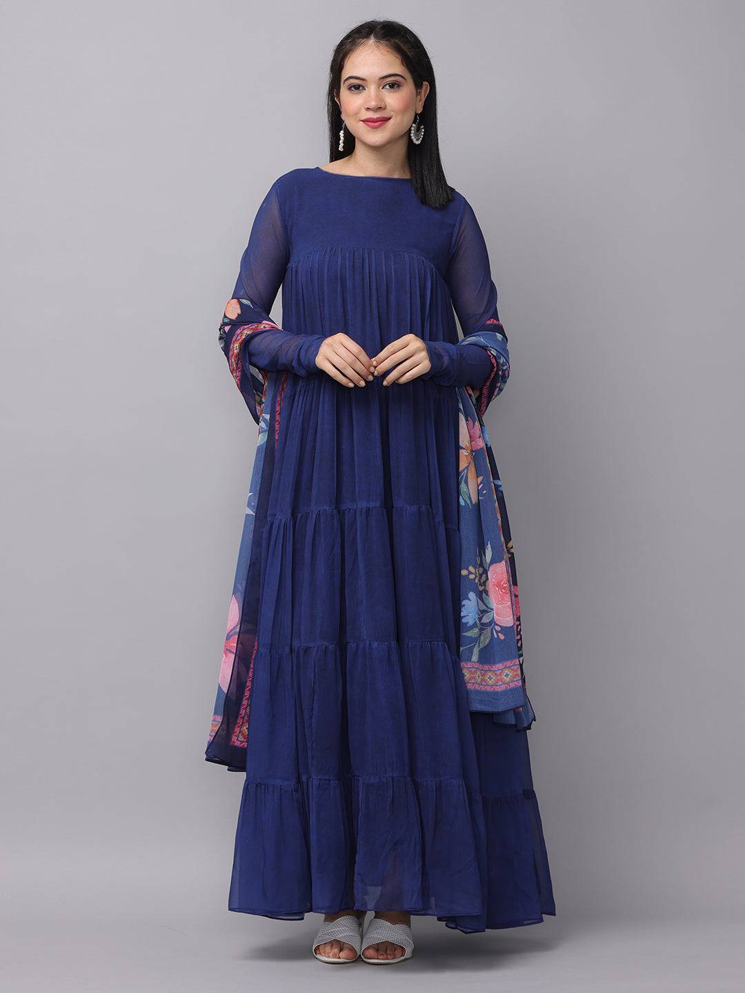 Front view of Royal Sapphire Blue Georgette Long Dress