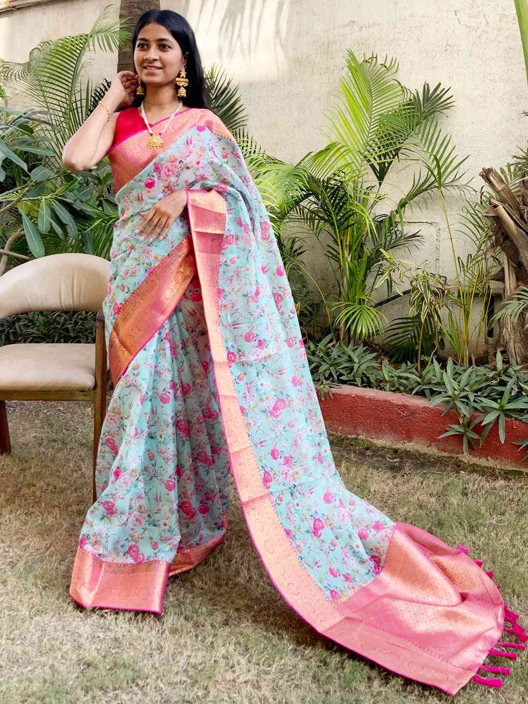 Sky Blue Kota Silk Saree with Digital Flower Print