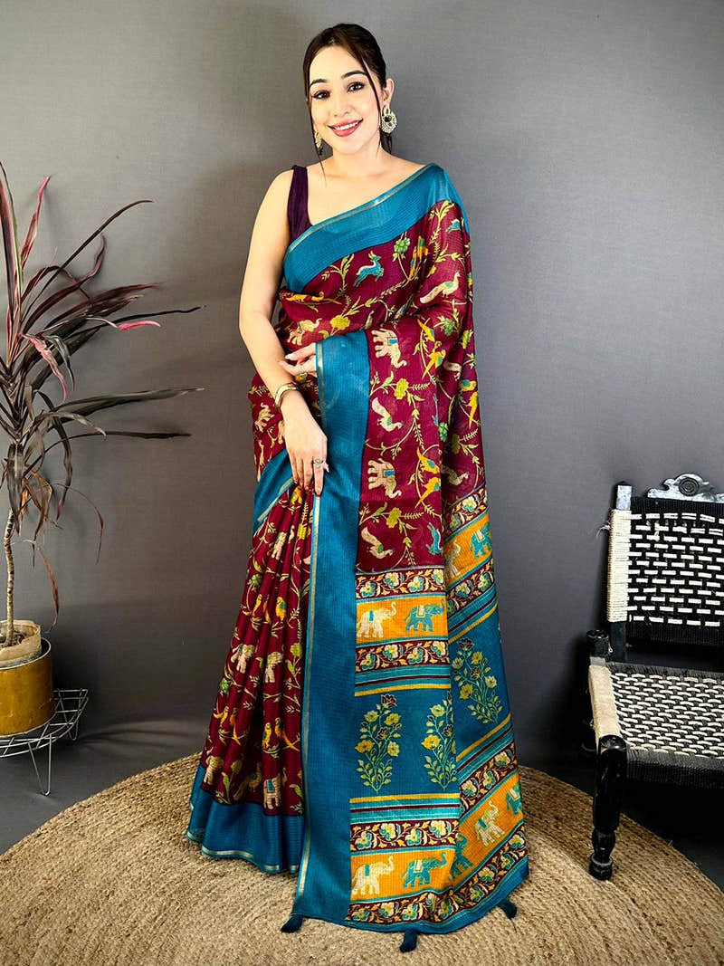 Wine Kota Doriya Block Print Saree
