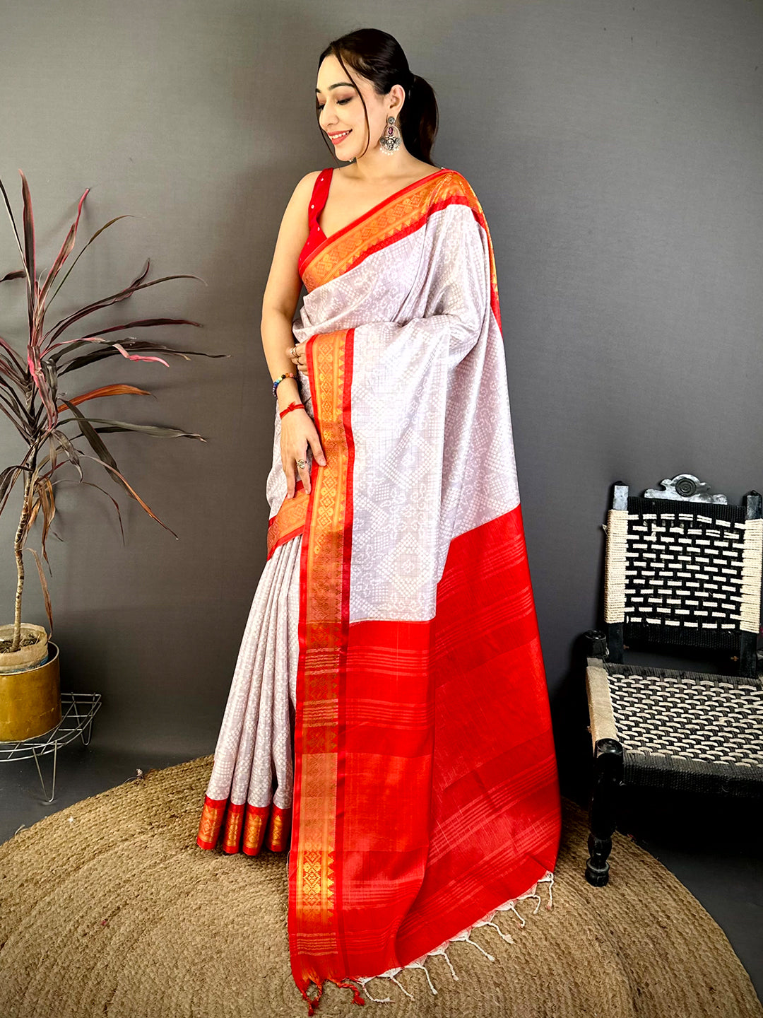 Grey Colour Soft Silk Bandhej Print Saree