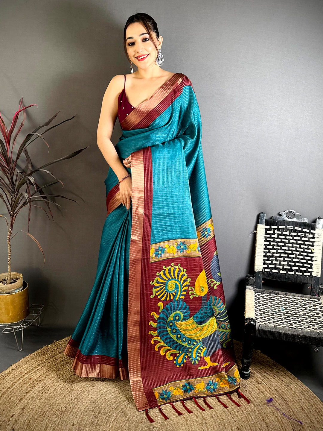 Teal Tussar Zari Chex Kalamkari Saree