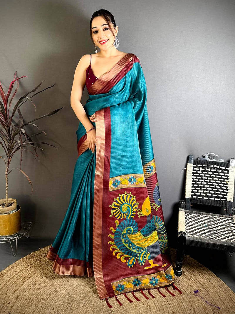 Teal Tussar Zari Chex Kalamkari Saree