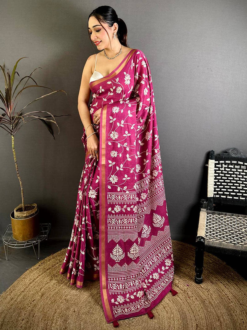 Magenta Leaf Printed Mul Cotton Saree