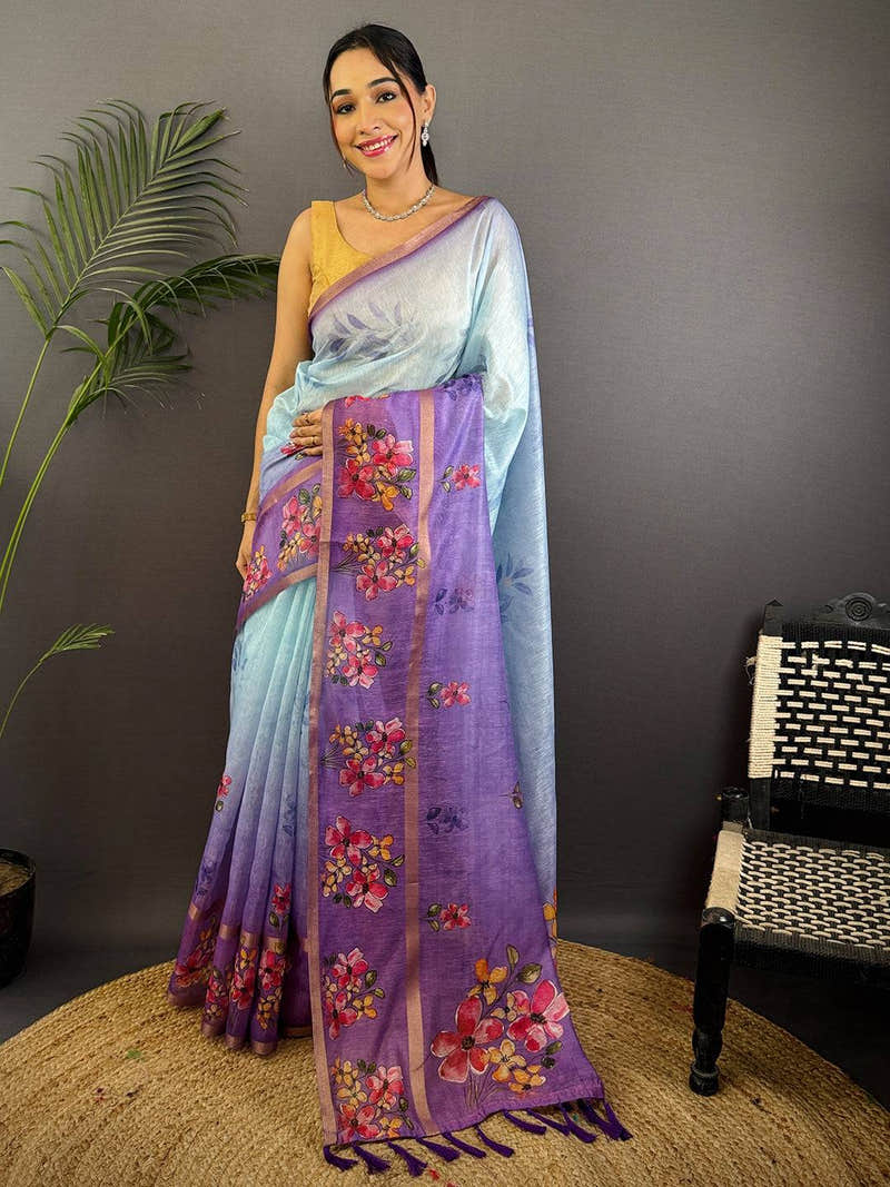 Sky Blue Linen Chanderi Floral Print Saree