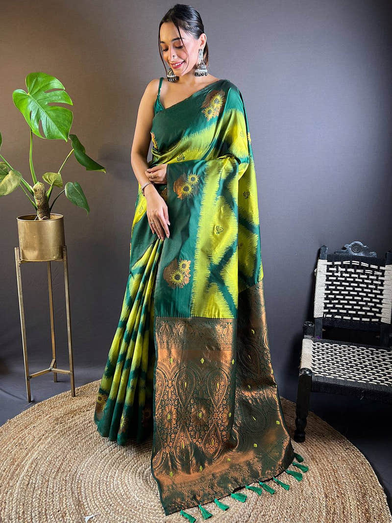 Green Tussar Silk Ikkat Weaving Saree