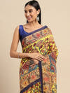 Yellow Linen Kalamkari Digital Print Saree with Navy Tassel Pallu
