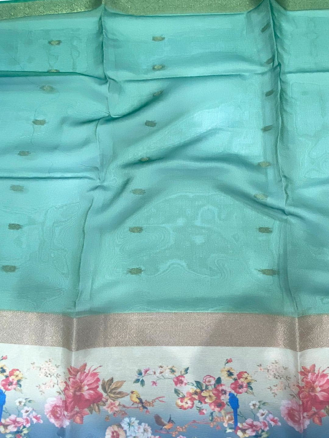 Dark Green Ombre Zari Tissue Digital Print Saree
