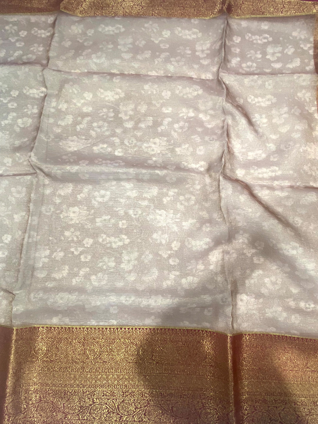 Tan Beige Floral Gold Zari Tissue Saree
