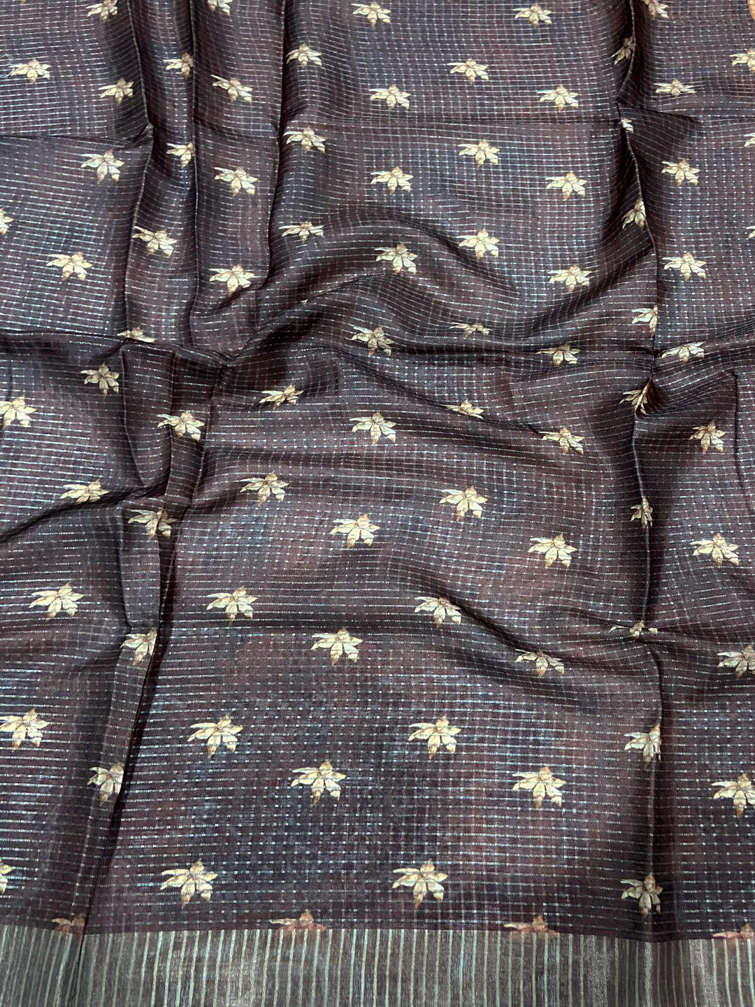 Rust Brown Tissue Chanderi Digital Check Saree