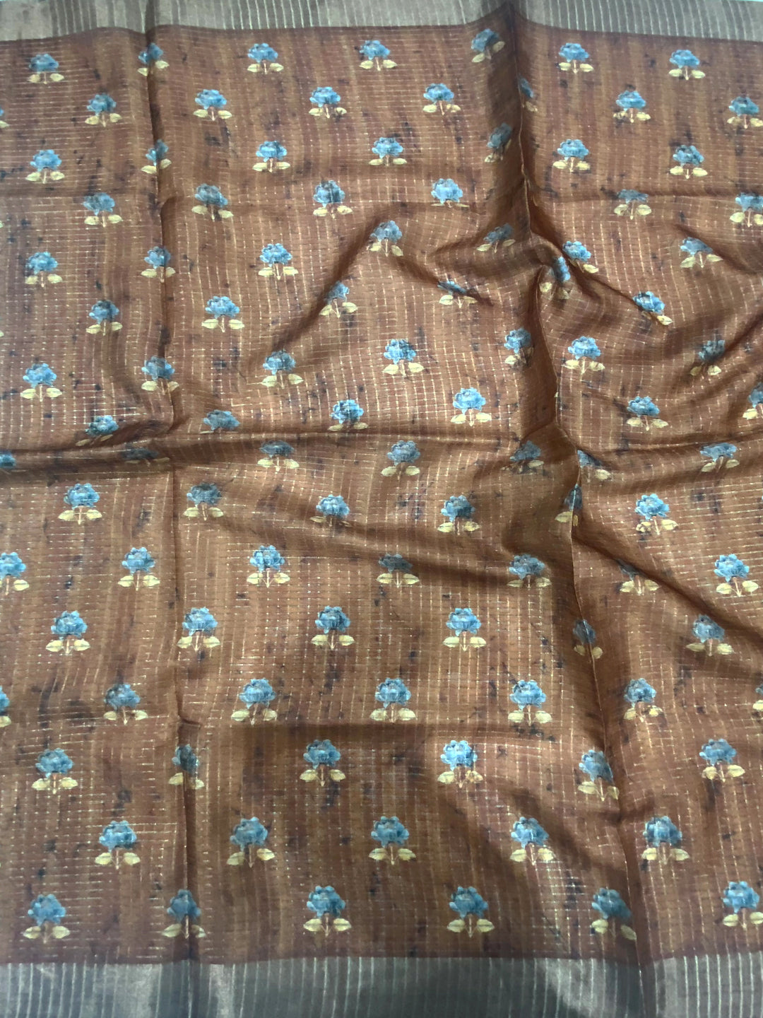 Brown Chex Kalamkari Floral Print Saree