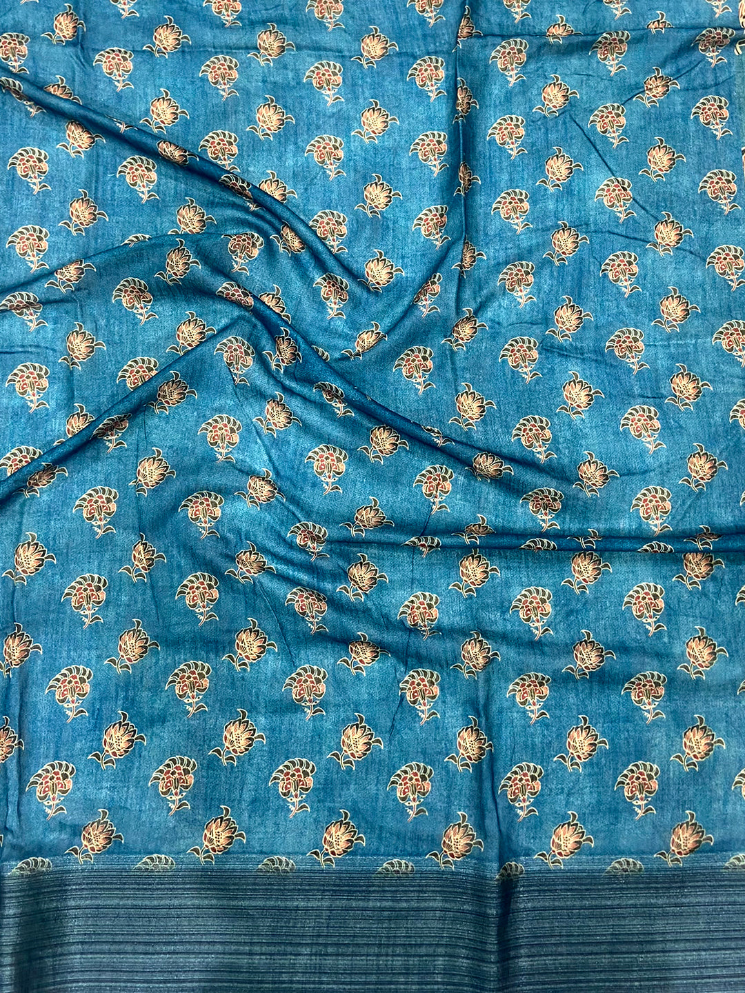 Teal Linen Block Kalamkari Print Saree