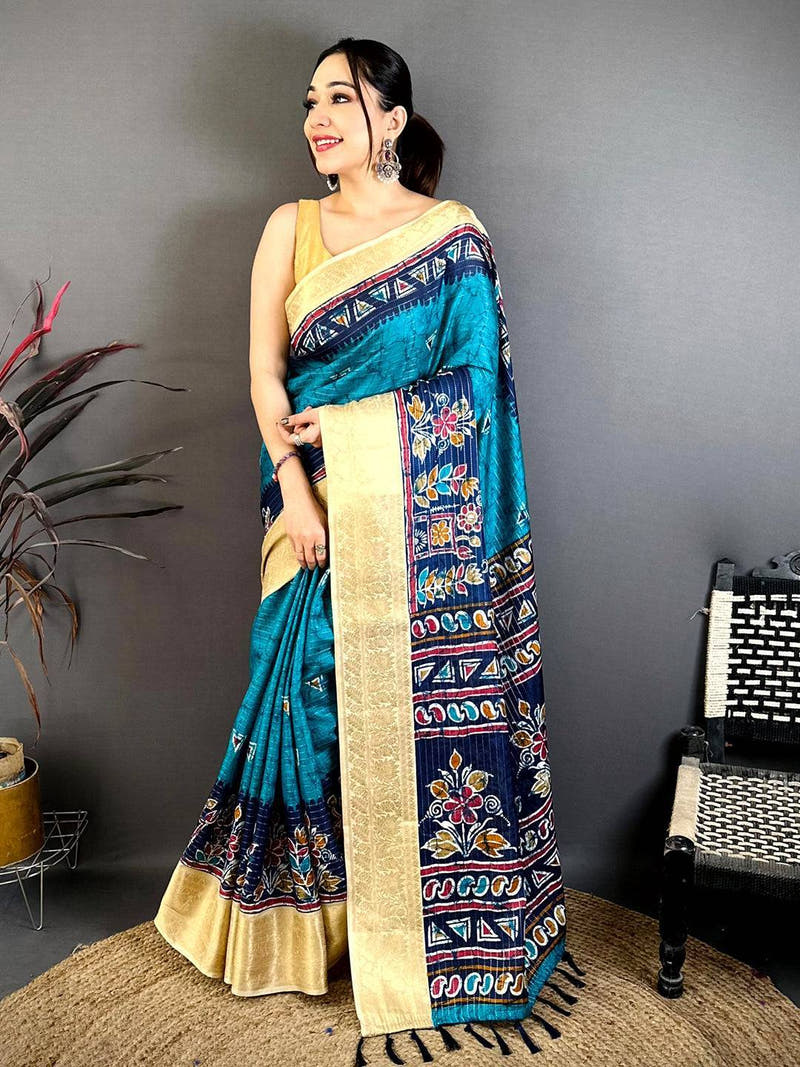 Teal Dola Kalamkari Zari Stripe Saree