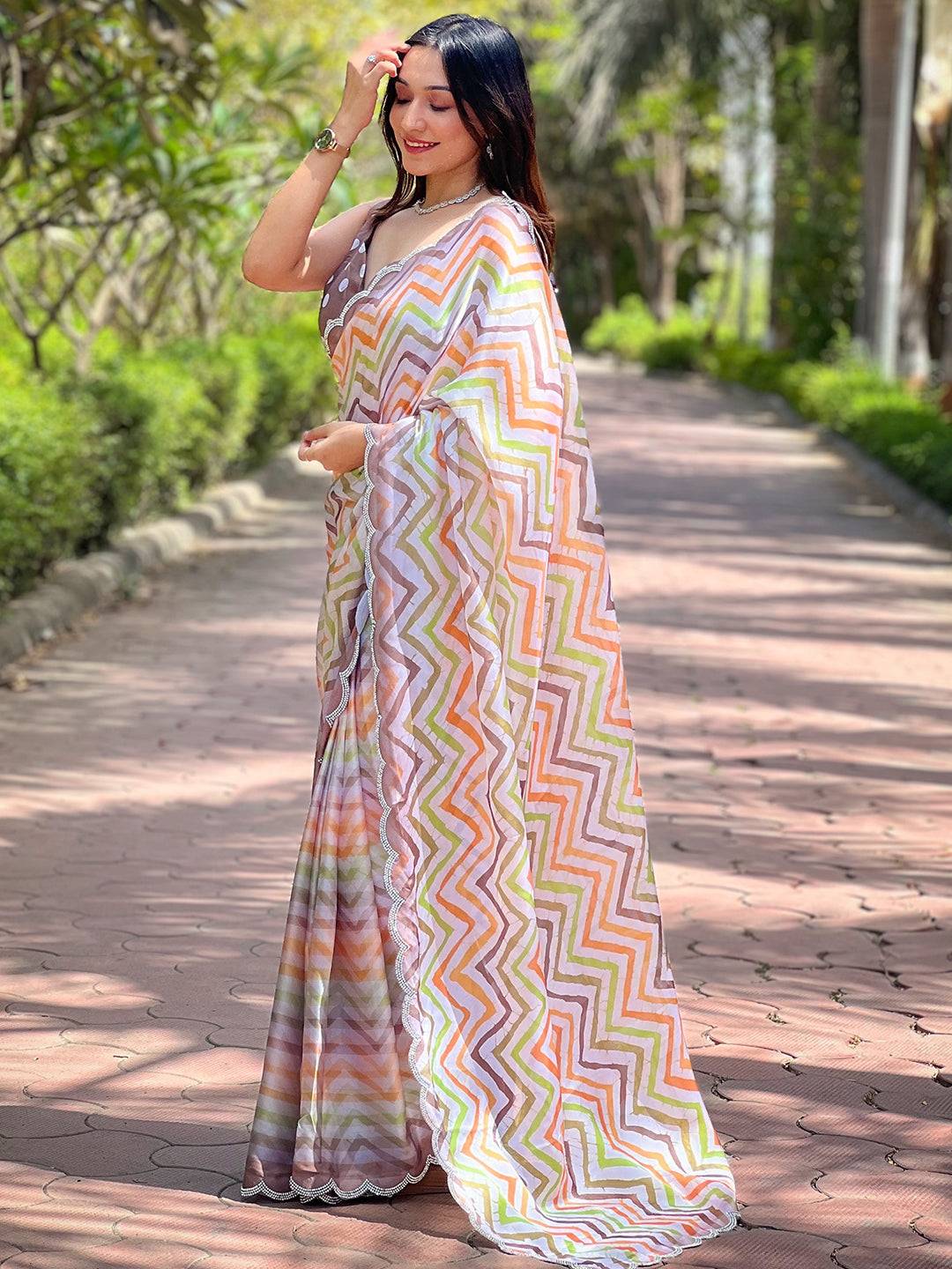 Side view of Leheriya striped saree with intricate design