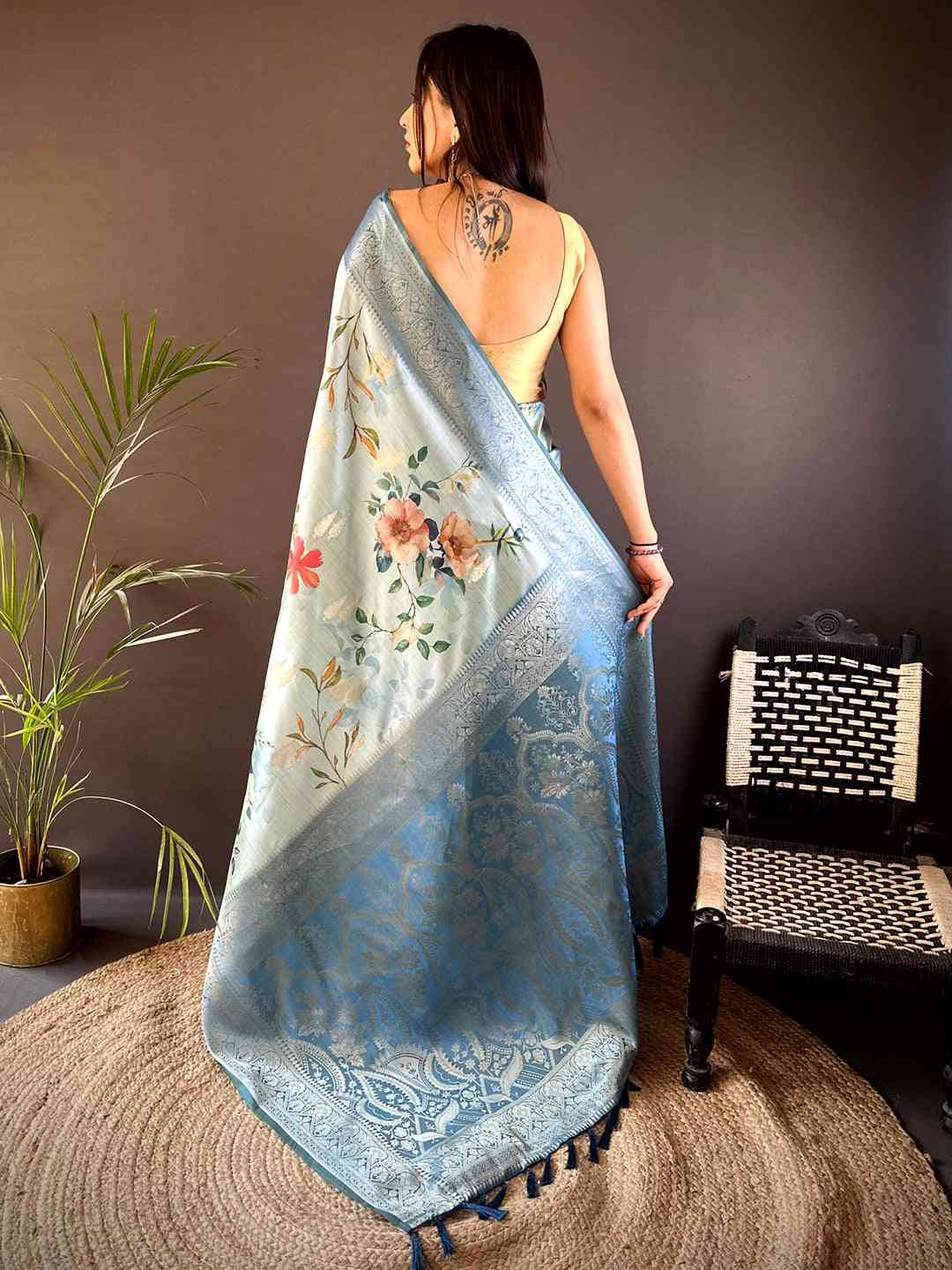 Pastel Blue Bamboo Silk Floral Saree