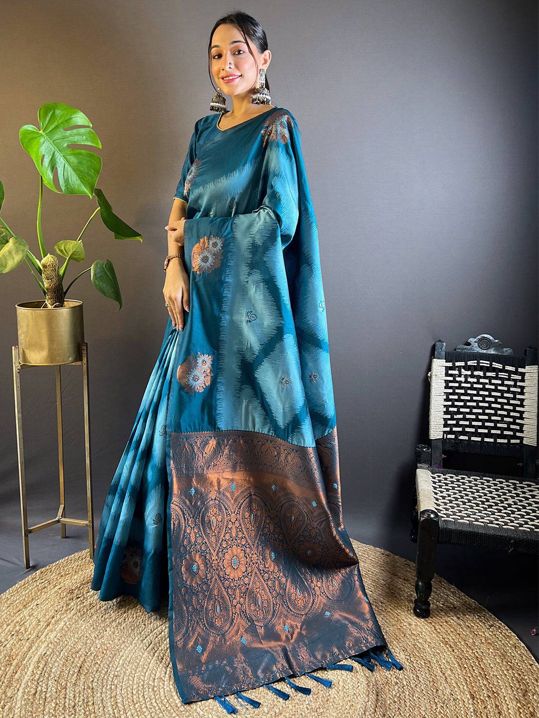 Blue Tussar silk saree with detailed Ikkat weaving design