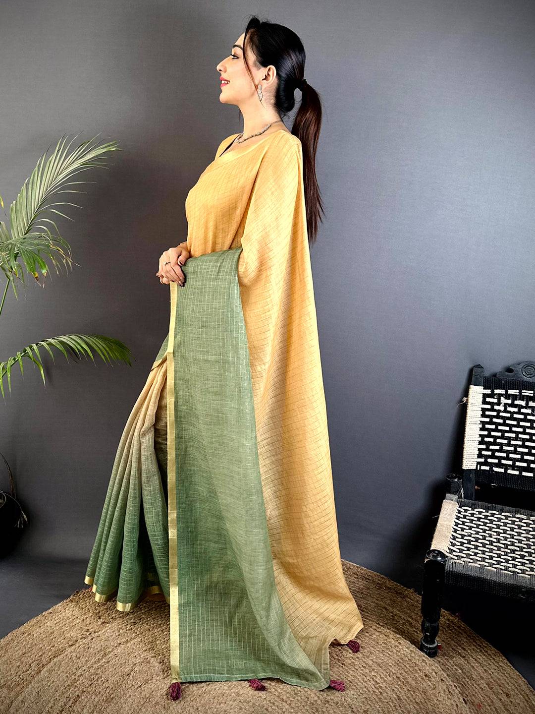 Elegant Linen 90 Zari Check Saree