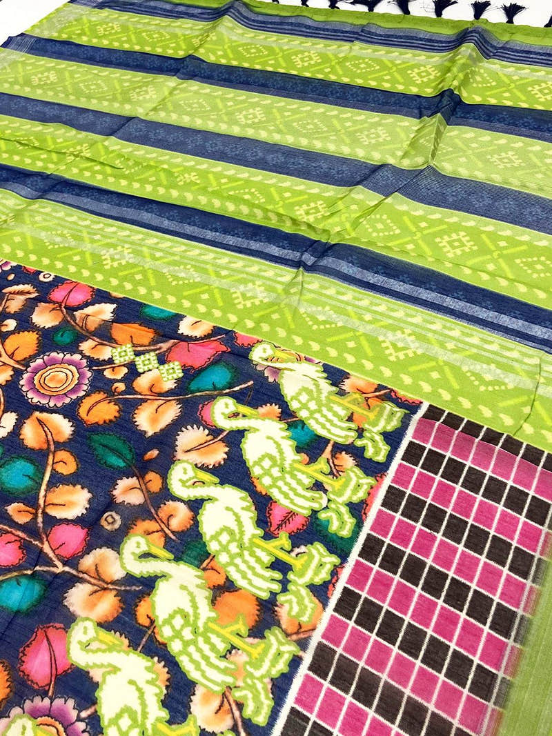 Navy Blue Linen Floral Kalamkari Print Saree