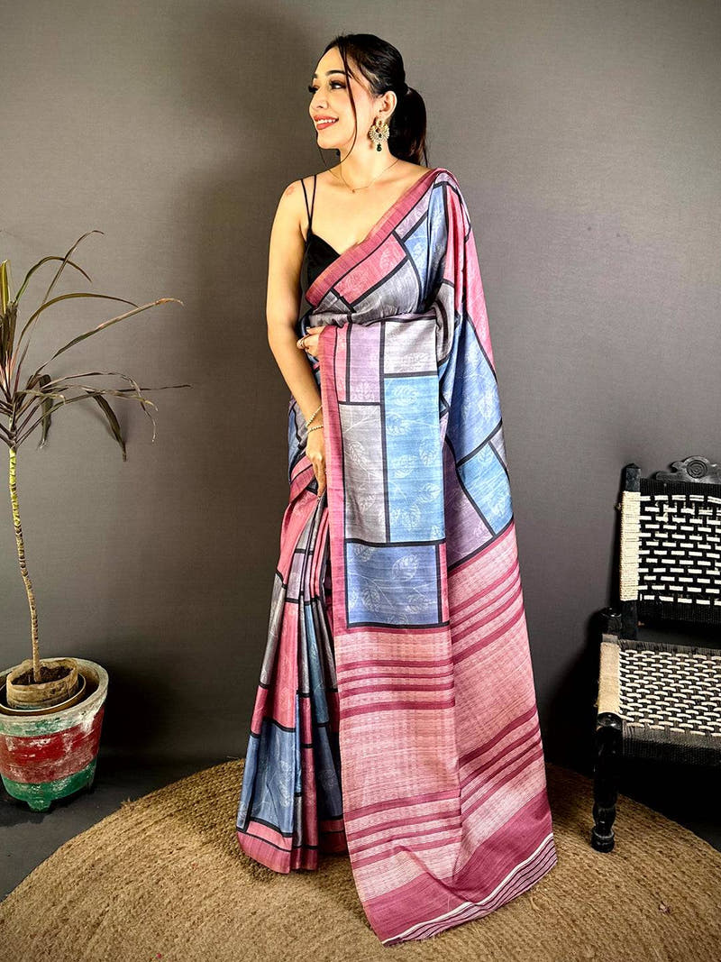 Multicolour Block Ghicha Print Tussar Saree