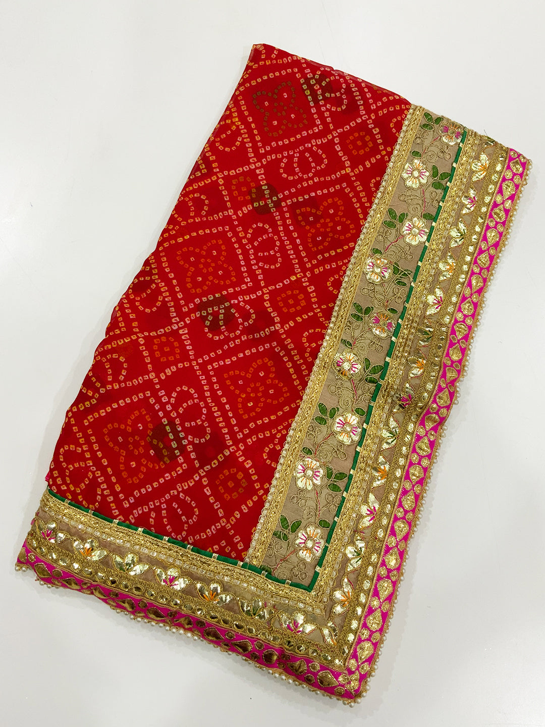 Golden Bandhej Chinnon Chiffon Saree