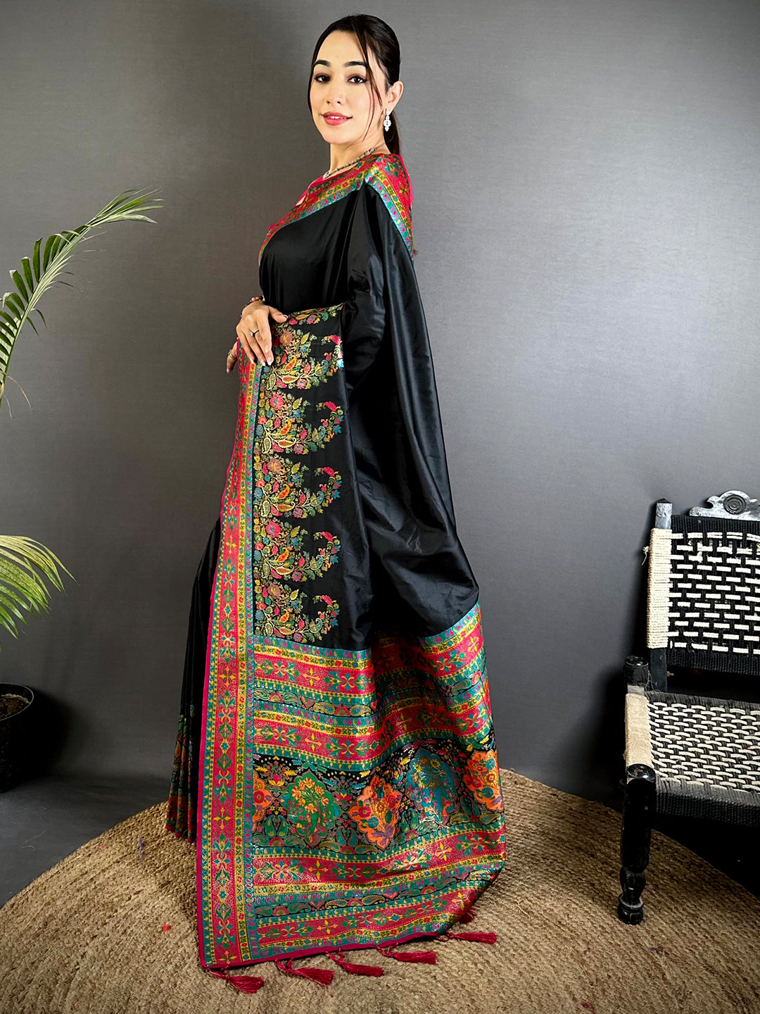 Black Kashmiri Pashmina Semi Silk Saree