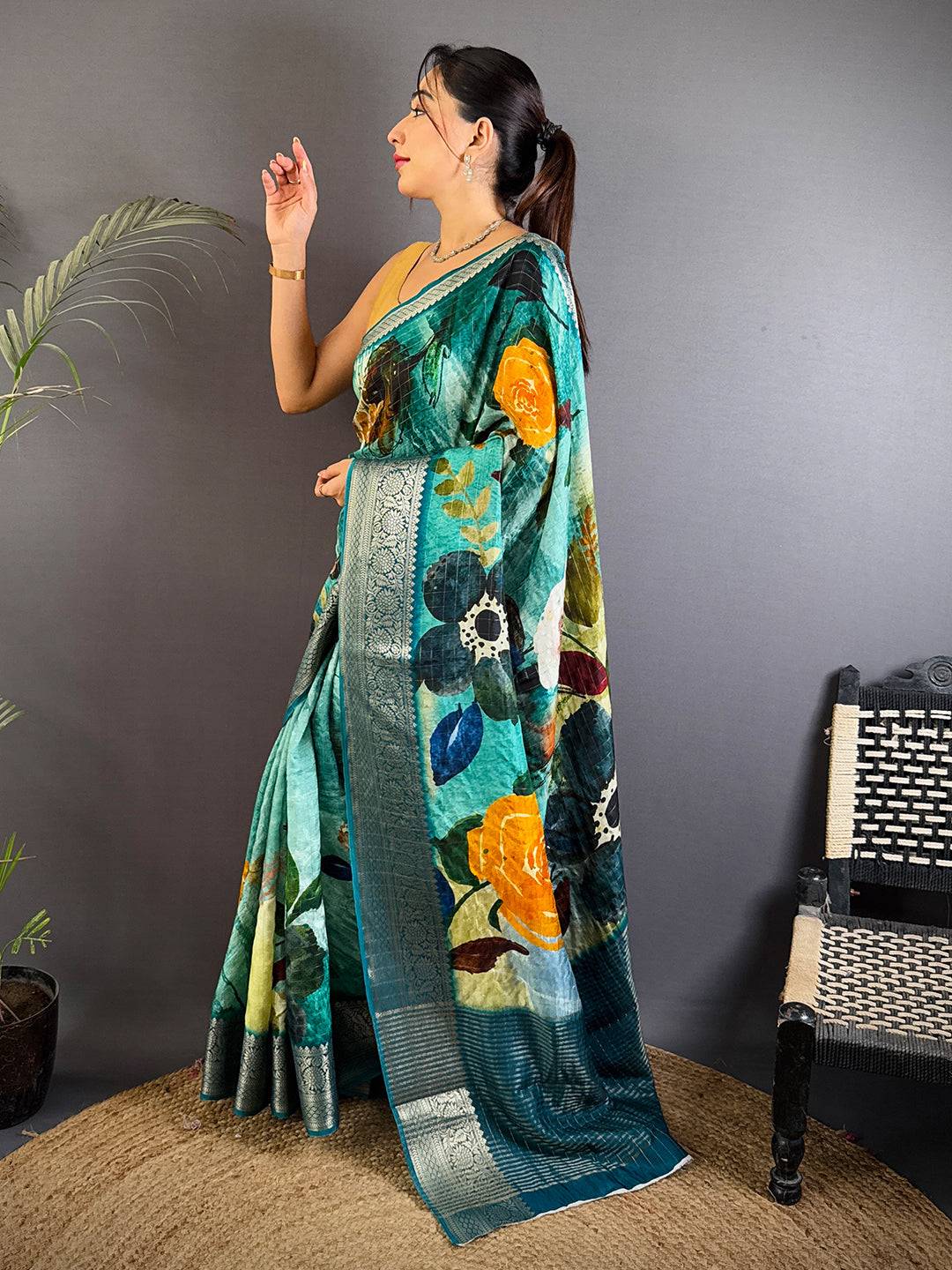 Artistic Turquoise Viscose Floral Saree