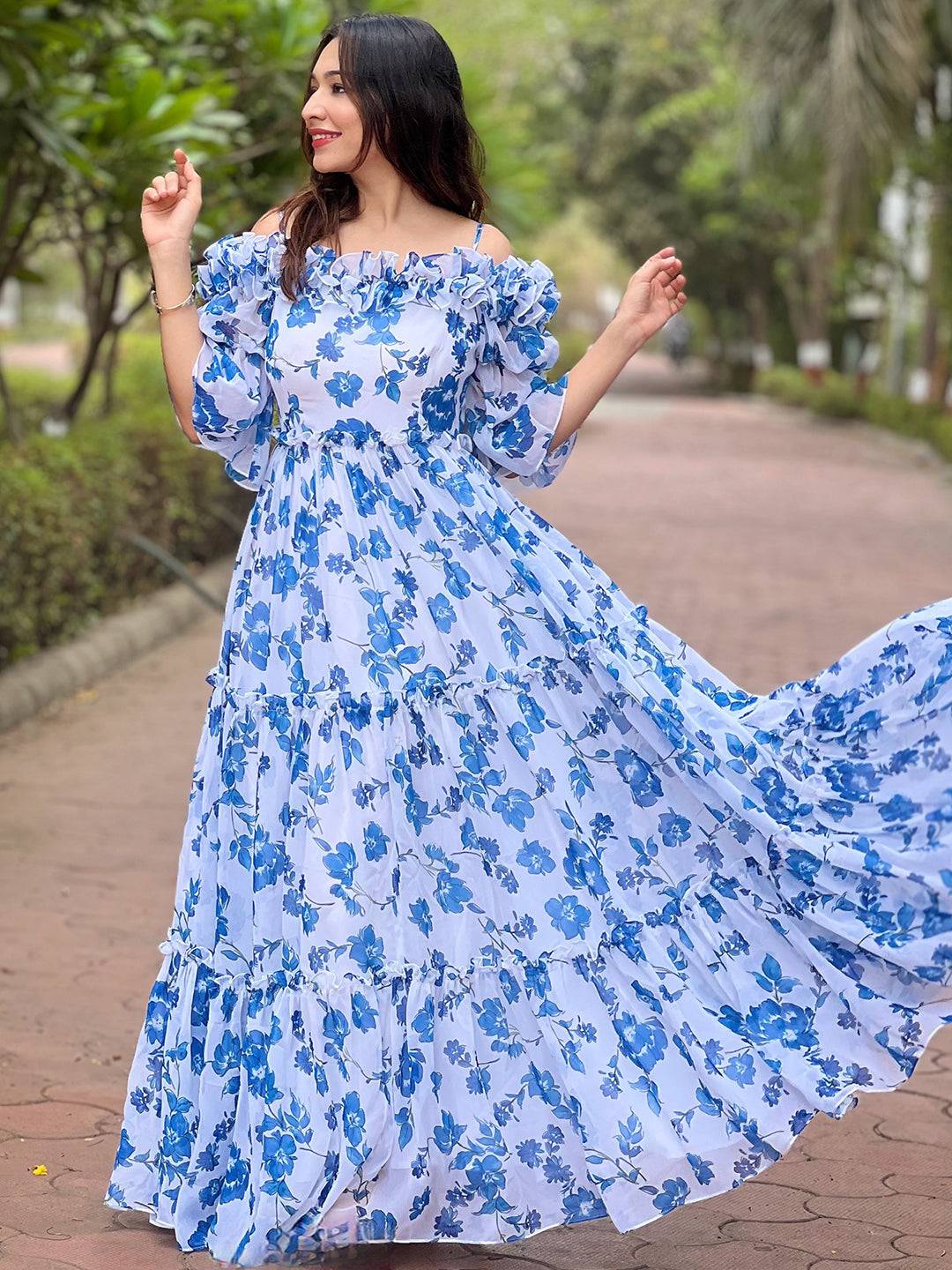 Flowing White Jasmin floral dress with romantic frills