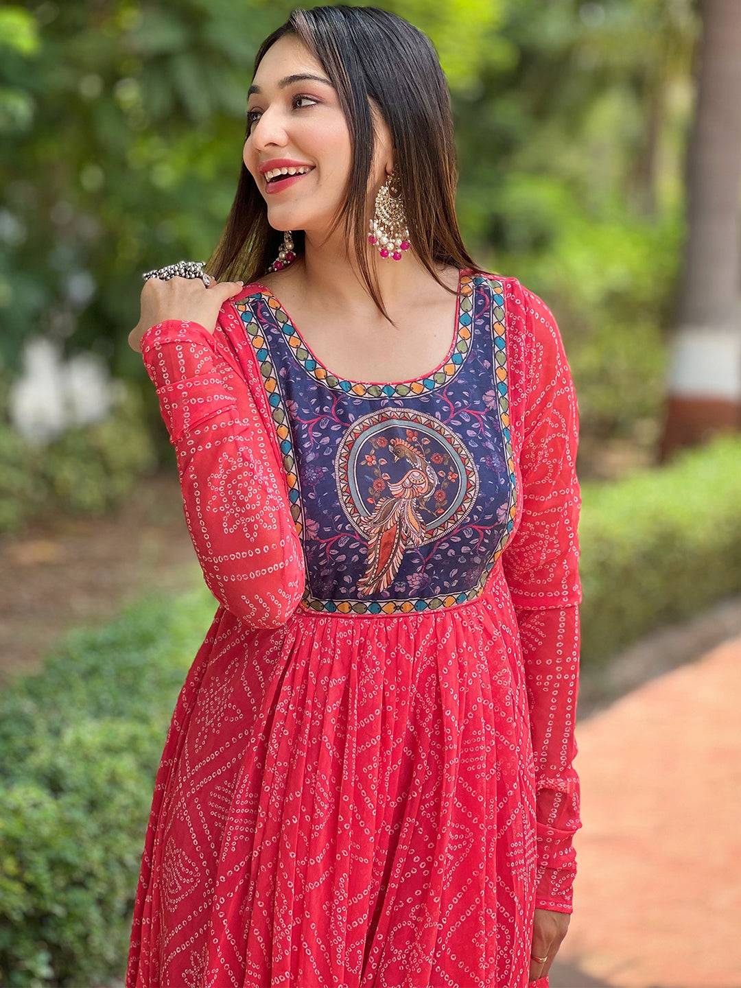 Cherry Red Bandhej Dress with intricate Pen Kalamkari