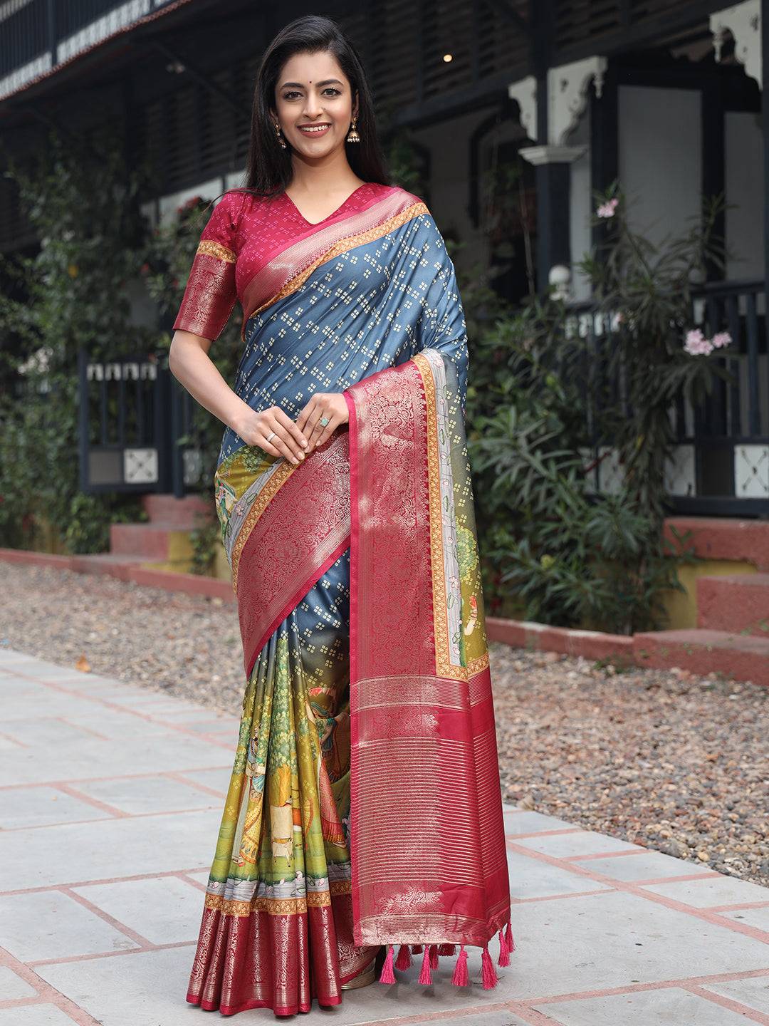 Blue Pure Viscose Dola Silk Saree with Bhandhej Print