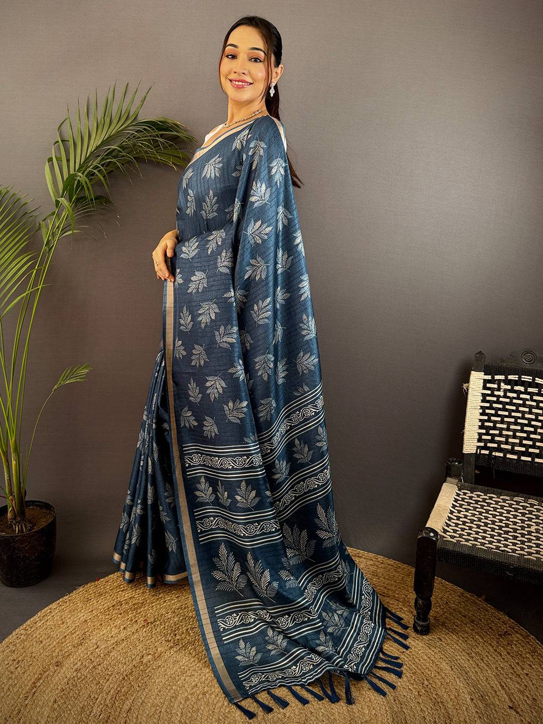 Steel Blue Leaf Print Ghicha Handloom Saree